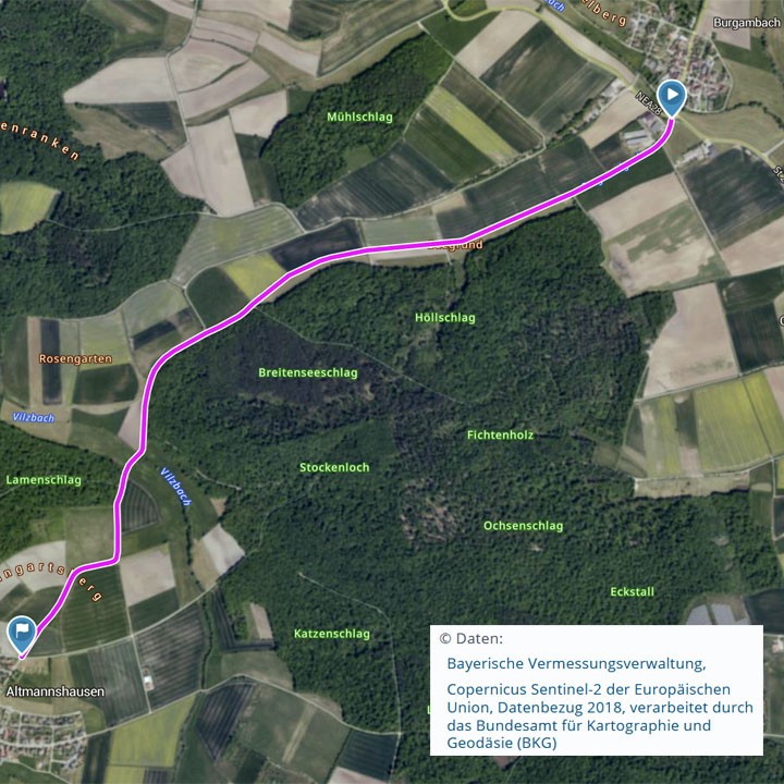 Luftbildaufnahme mit eingezeichneter gesperrter Verbindungsstraße zwischen Altmannshausen und Burgambach